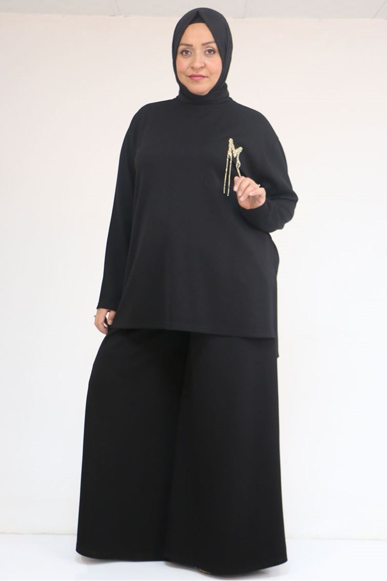 57043 Büyük Beden Yanı Yırtmaçlı Modal Pantolonlu Takım - Siyah