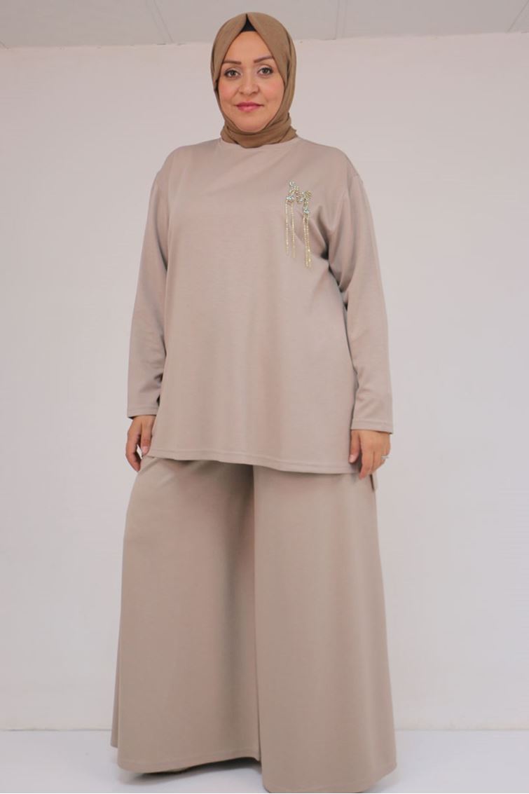 57043 Büyük Beden Yanı Yırtmaçlı Modal Pantolonlu Takım - Vizon