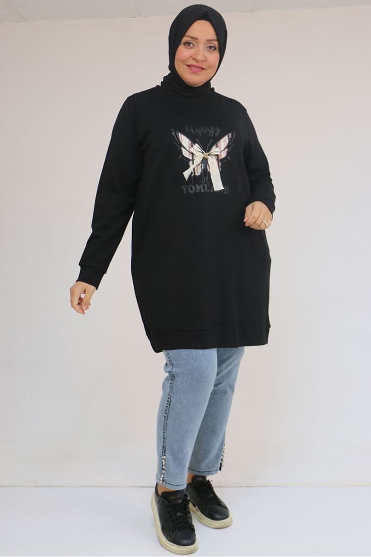 58145 Büyük Beden Kelebek Baskılı Modal Tunik - Siyah