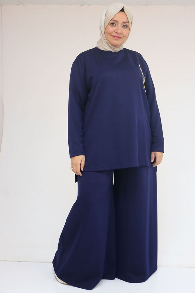 57043 Büyük Beden Yanı Yırtmaçlı Modal Pantolonlu Takım - İndigo