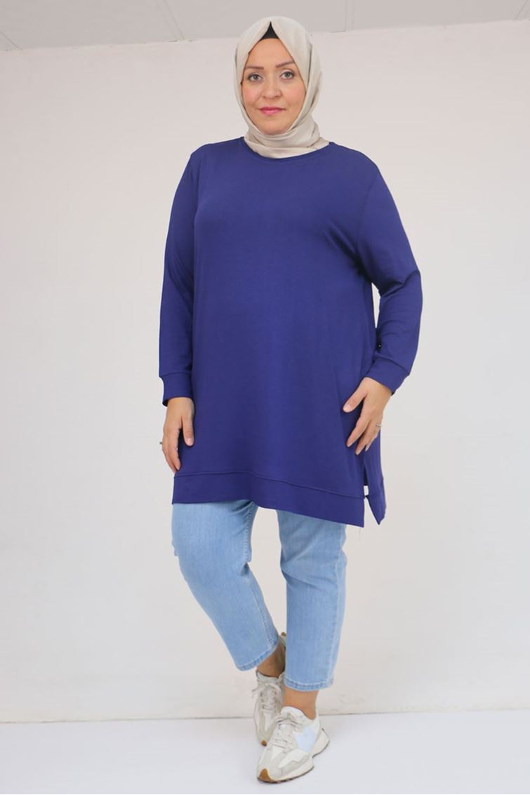 58120 Büyük Beden Manşetli Çilek Tunik - İndigo