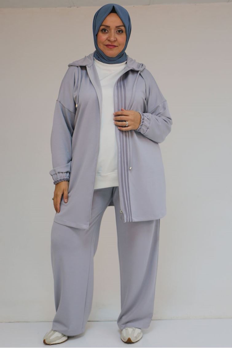 57056 Büyük Beden Renge Renk Garnili Modal Pantolonlu Takım - Gri