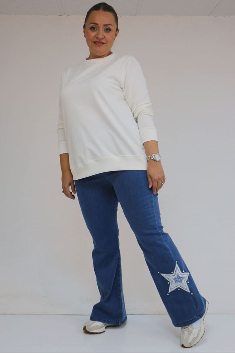 59033 Büyük Beden İspanyol Paça Aksesuar Detaylı Kot Pantolon - Mavi