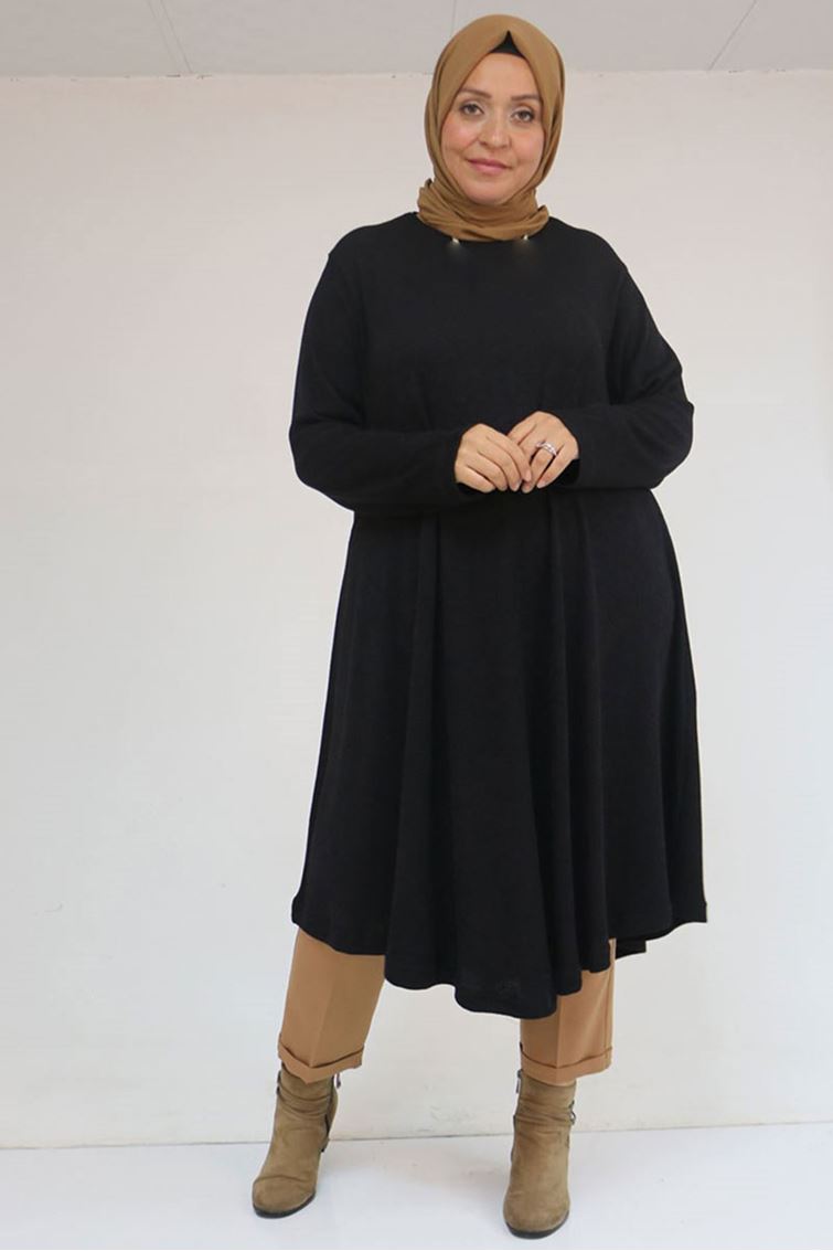 58147 Büyük Beden Mevlana Kesim Mir Tunik - Siyah