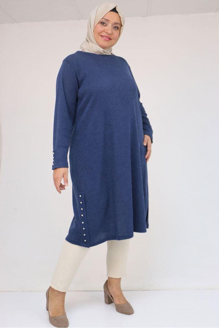 58146 Büyük Beden Kol Ve Yan Patları Taş Detaylı Mir Tunik - İndigo
