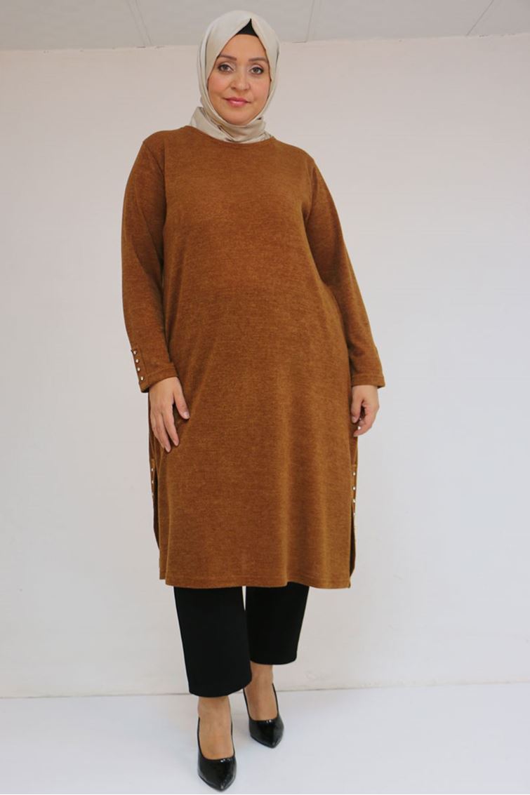 58146 Büyük Beden Kol Ve Yan Patları Taş Detaylı Mir Tunik - Taba