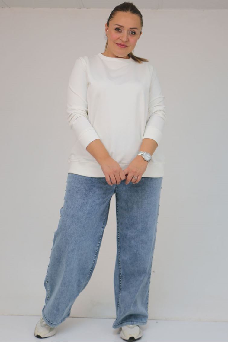 59034 Büyük Beden Bolpaça Taş Detaylı Kot Pantolon - Mavi