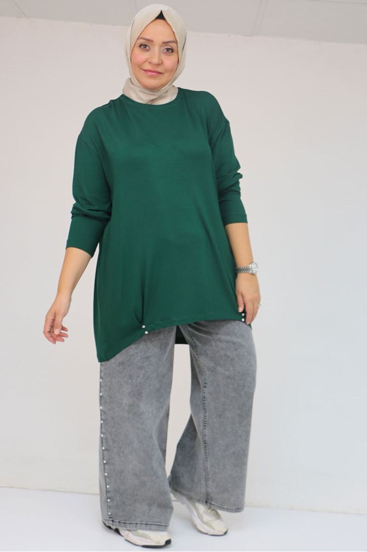 58121 Büyük Beden Yanları Biyeli Çilek Tunik - Zümrüt