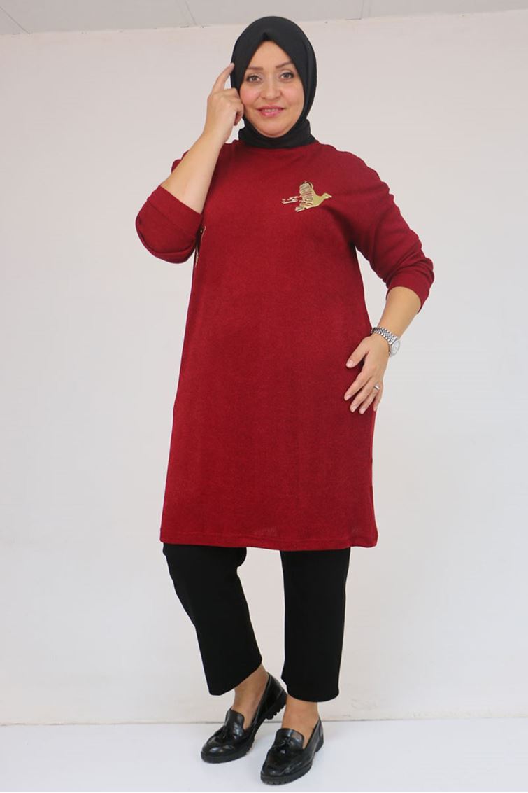 58143 Büyük Beden Düşük Kollu Aksesuar Detaylı Mir Tunik - Bordo