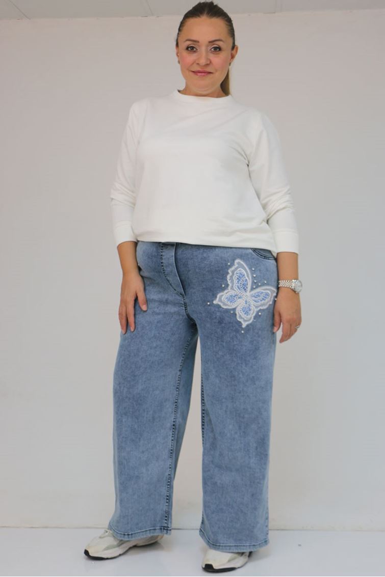 59035 Büyük Beden Kelebek Taş Detaylı Bol Paça Kot Pantolon - Mavi