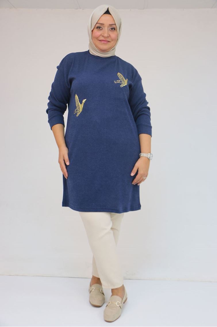 58143 Büyük Beden Düşük Kollu Aksesuar Detaylı Mir Tunik - İndigo