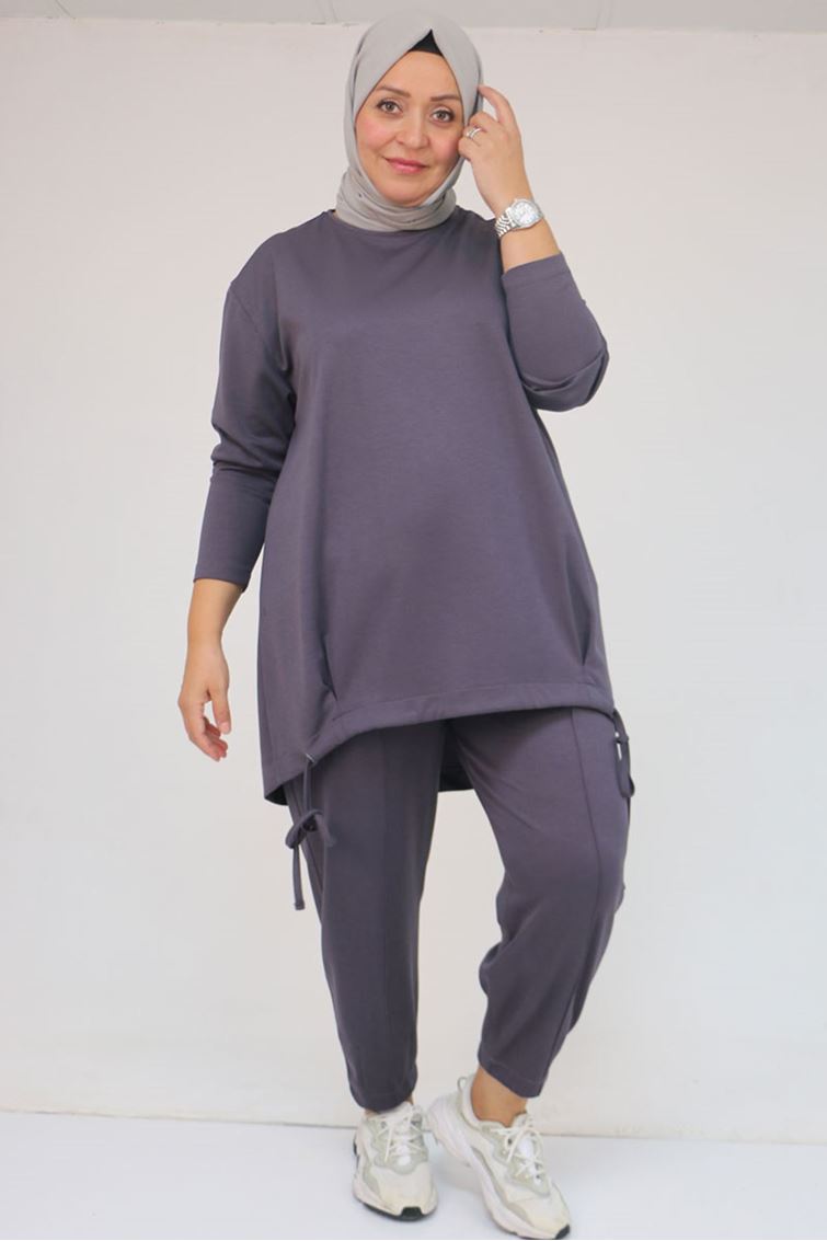 57045 Büyük Beden Önü Bağlama İp Detaylı Modal Pantolonlu Takım - Antrasit