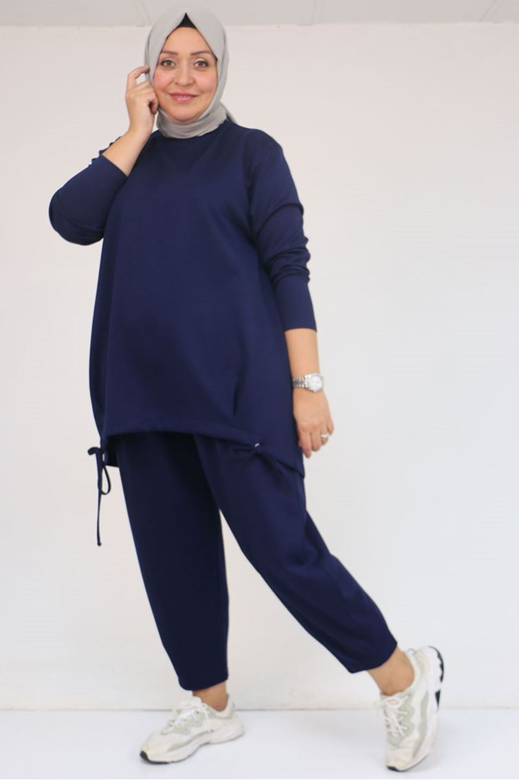 57045 Büyük Beden Önü Bağlama İp Detaylı Modal Pantolonlu Takım - İndigo