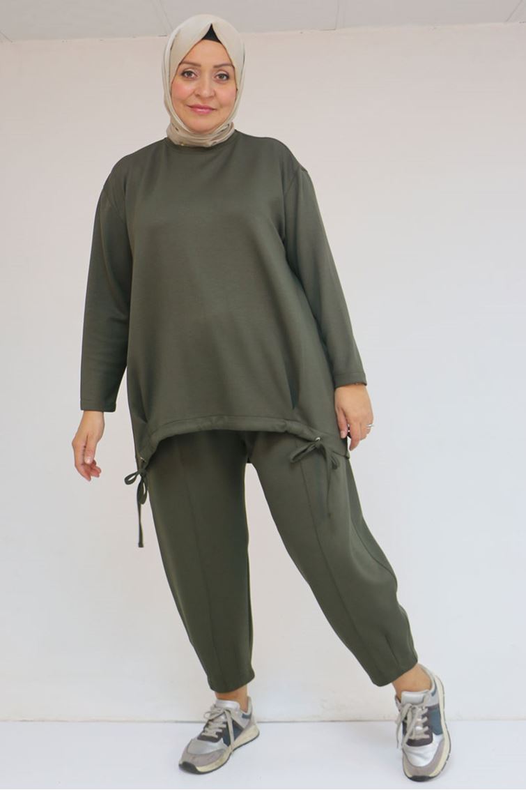 57045 Büyük Beden Önü Bağlama İp Detaylı Modal Pantolonlu Takım - Haki