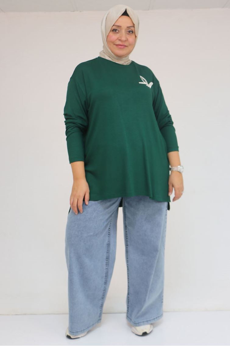 58149 Büyük Beden Taş Baskı Detaylı Çilek Tunik - Zümrüt