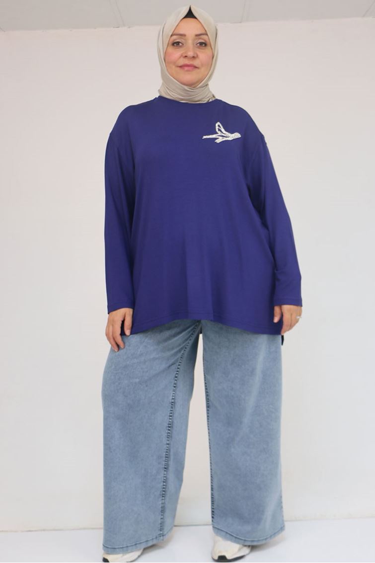58149 Büyük Beden Taş Baskı Detaylı Çilek Tunik - İndigo