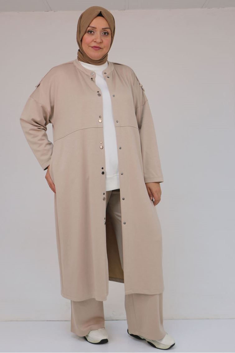 57035 Büyük Beden Omzu Apoletli Çıtçıt Detaylı Modal Takım - Bej
