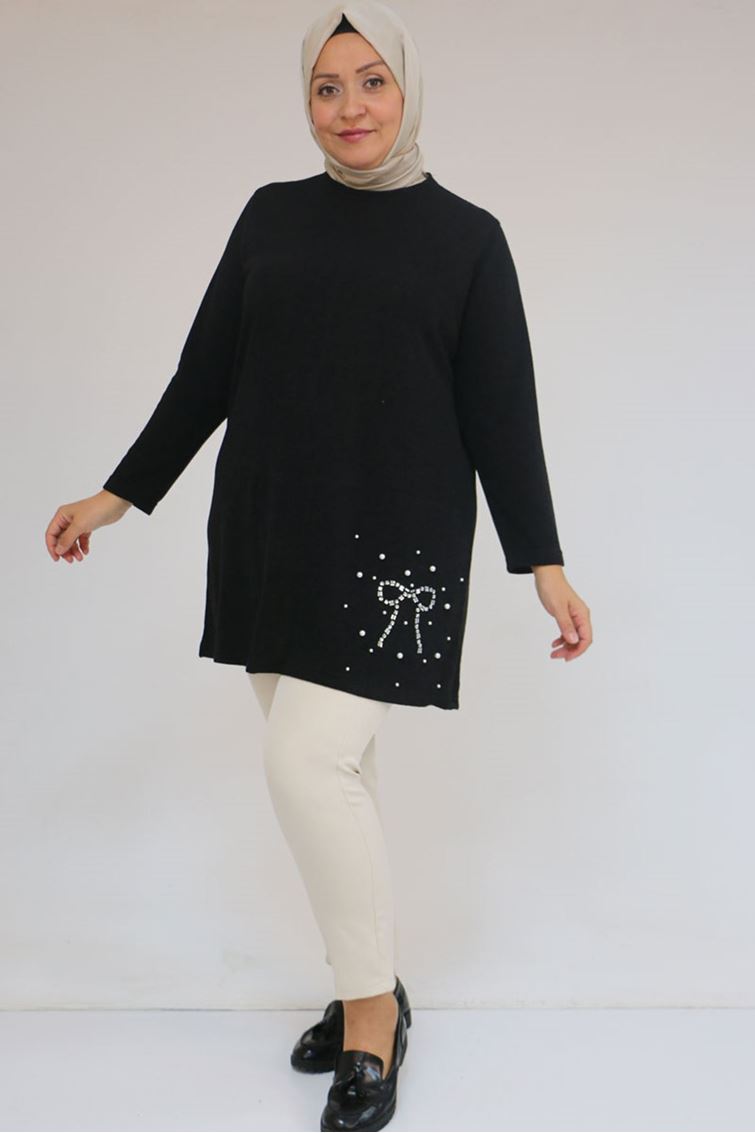 58111 Büyük Beden Önü Taş Detaylı Mir Tunik - Siyah