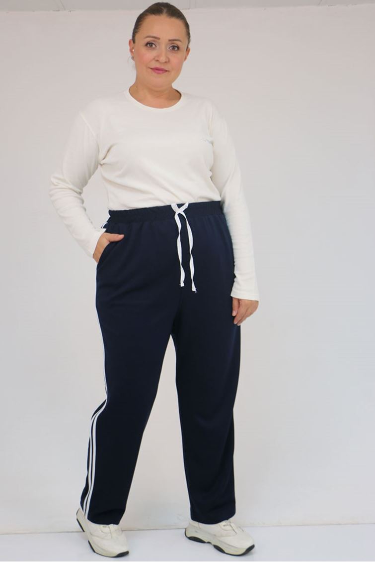 59505 Büyük Beden Yüksekbel Yanları Şeritli Modal Eşofman Altı - Lacivert