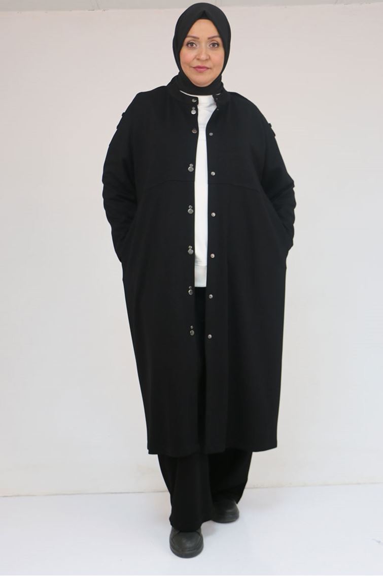 57035 Büyük Beden Omzu Apoletli Çıtçıt Detaylı Modal Takım - Siyah