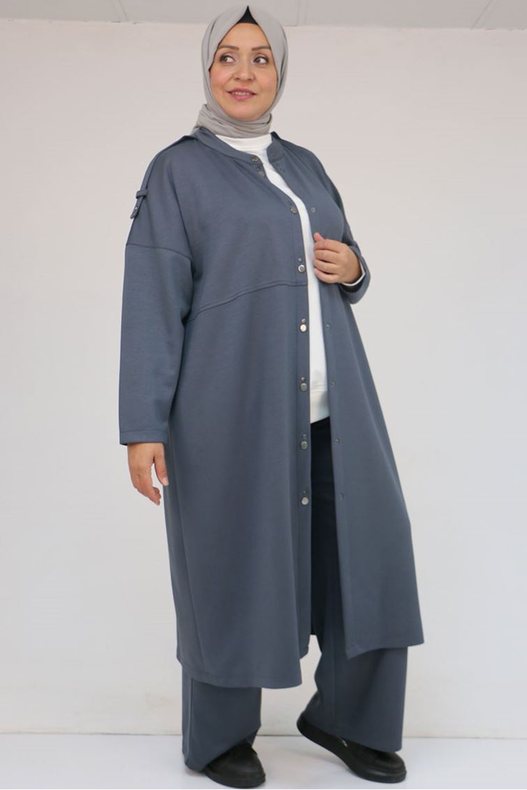 57035 Büyük Beden Omzu Apoletli Çıtçıt Detaylı Modal Takım - Antrasit