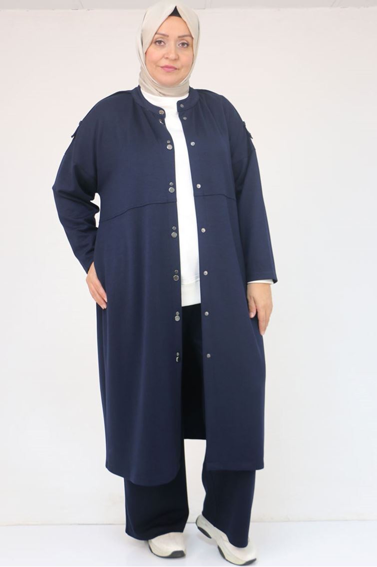 57035 Büyük Beden Omzu Apoletli Çıtçıt Detaylı Modal Takım - Lacivert