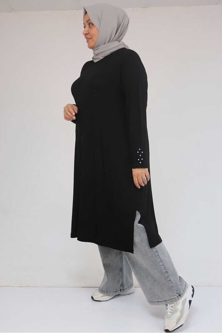 58115 Büyük Beden Kolunda Beyoğlu Detaylı Çilek Tunik - Siyah