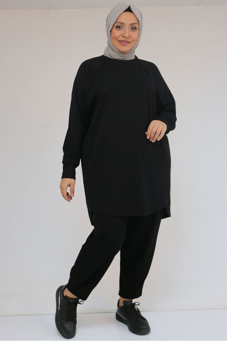 47093 Büyük Beden Eteği Parça Detaylı Pantolonlu Modal Takım - Siyah