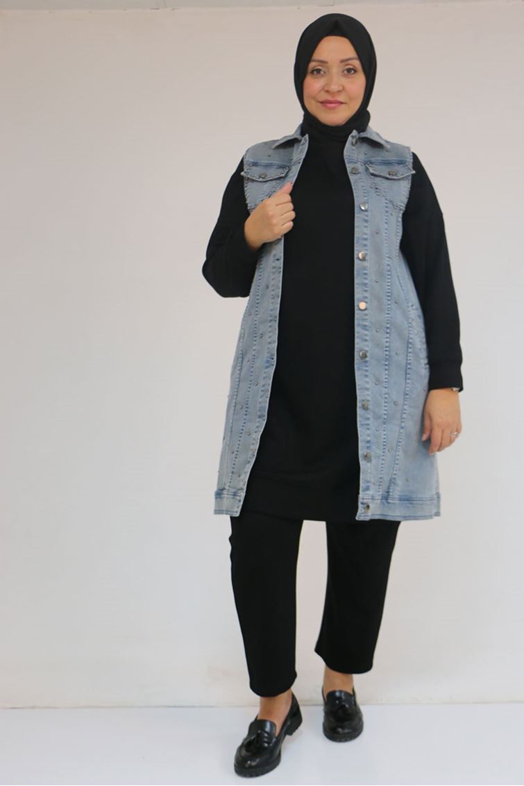 54007 Büyük Beden Çift Cepli İnci Çakmalı Kot Yelek - Kar Yıkama Duman