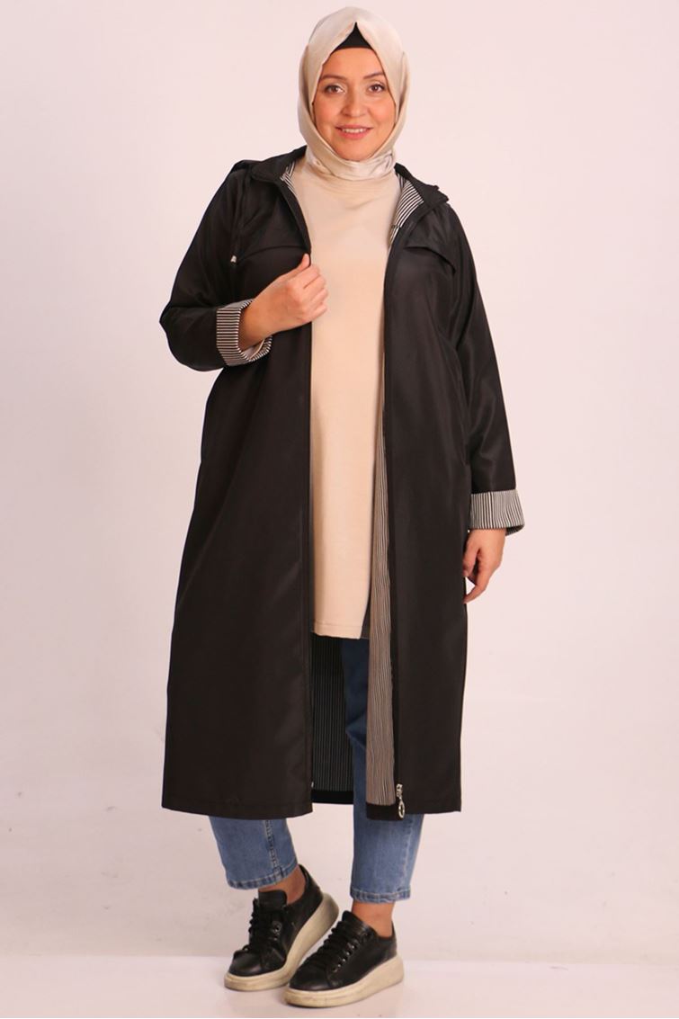 33068-E Büyük Beden Kapüşonlu Bondit Kap-Siyah 