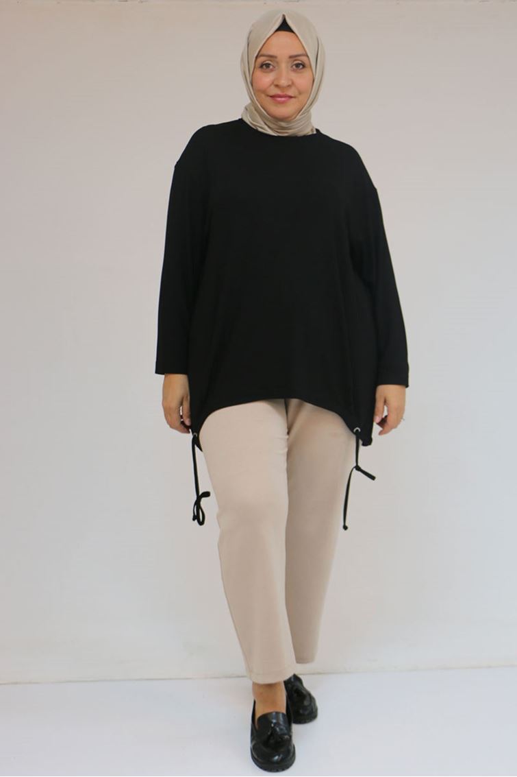 58150 Büyük Beden Kuş Gözü Bağlama Detaylı Çilek Tunik - Siyah