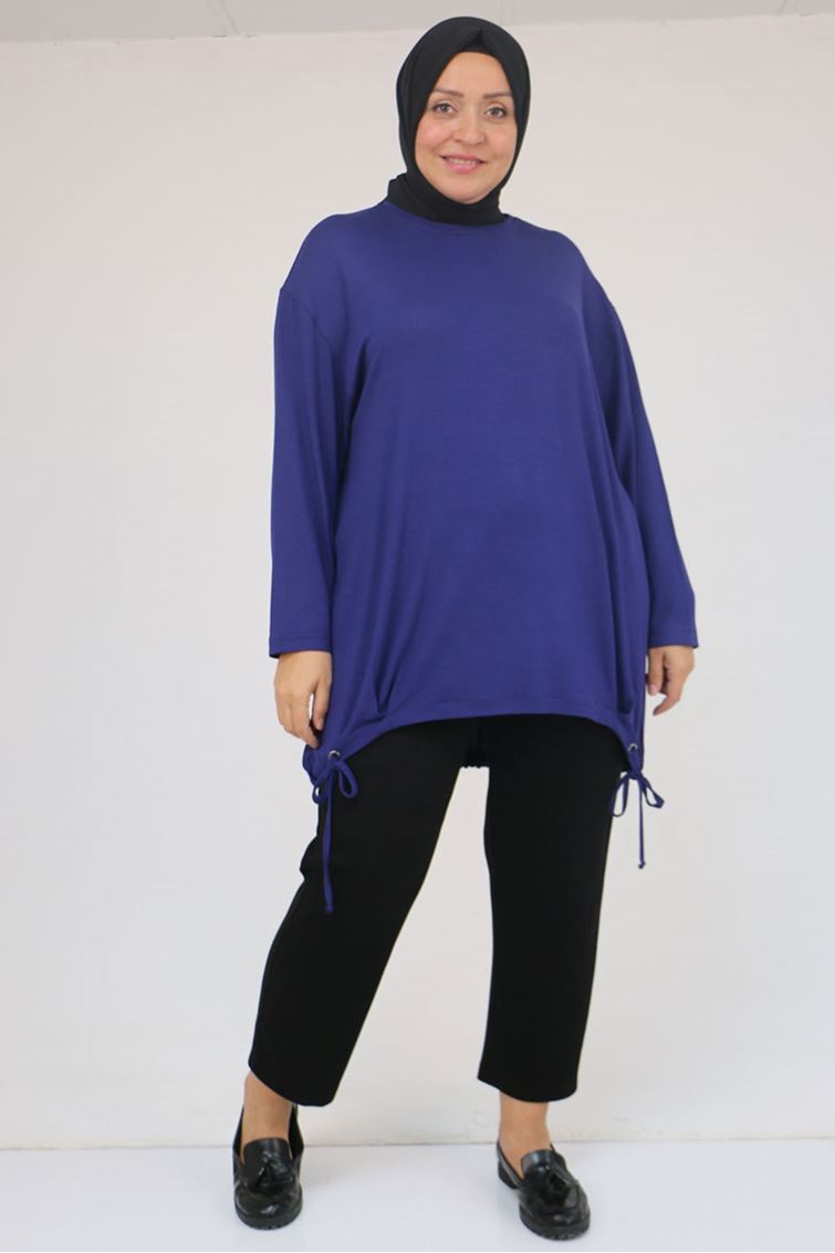 58150 Büyük Beden Kuş Gözü Bağlama Detaylı Çilek Tunik - İndigo