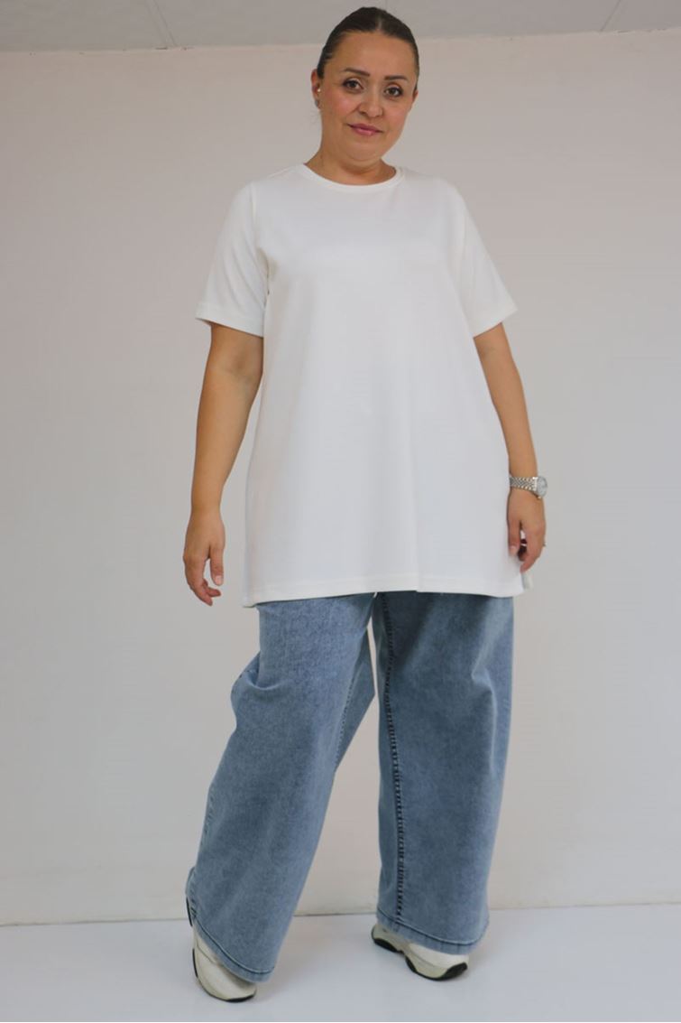 58508  Büyük Beden Yakası Biyeli Modal Tişört - Ekru