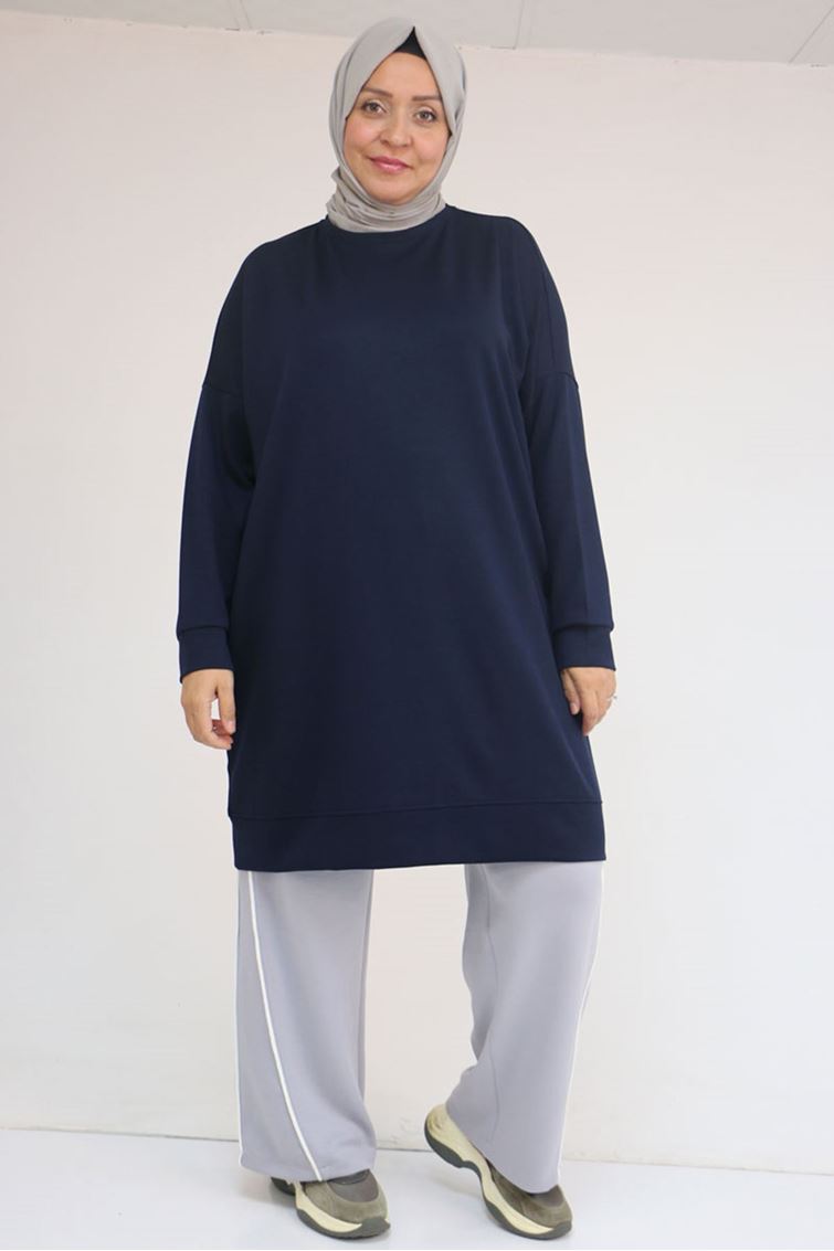 58151 Büyük Beden Kol Ve Etek Ucu Kendinden Ribanalı Modal Tunik - Lacivert