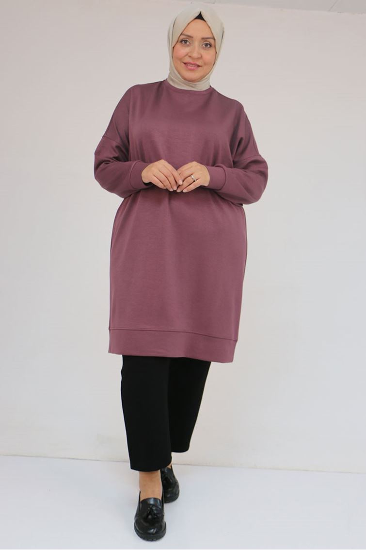 58151 Büyük Beden Kol Ve Etek Ucu Kendinden Ribanalı Modal Tunik - Gül Kurusu