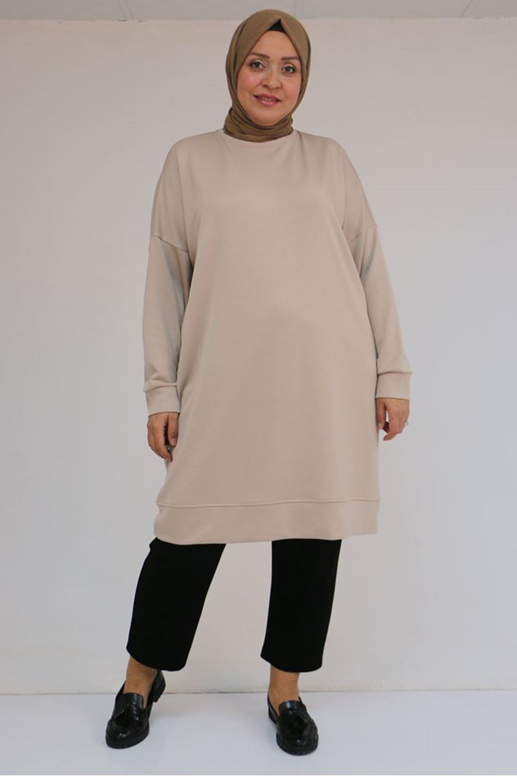 58151 Büyük Beden Kol Ve Etek Ucu Kendinden Ribanalı Modal Tunik - Vizon