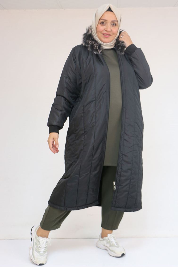 33093-E Büyük Beden Kapişonlu Kapitone Ceket-Siyah