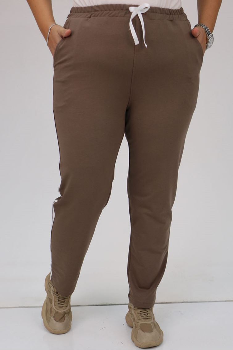 59505 -1 Büyük Beden Yüksek Bel Lastikli  İki İplik Eşofman Altı - Vizon