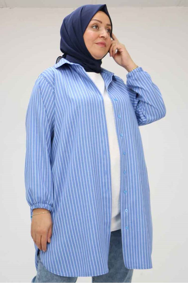 58068-E Büyük Beden Erkek Yakalı Gömlek - Çizgili İndigo