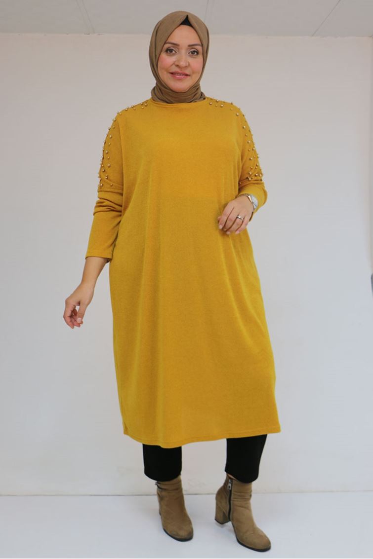 58152 Büyük Beden Düşükkol Omzu Taş Detaylı Mir Tunik - Hardal