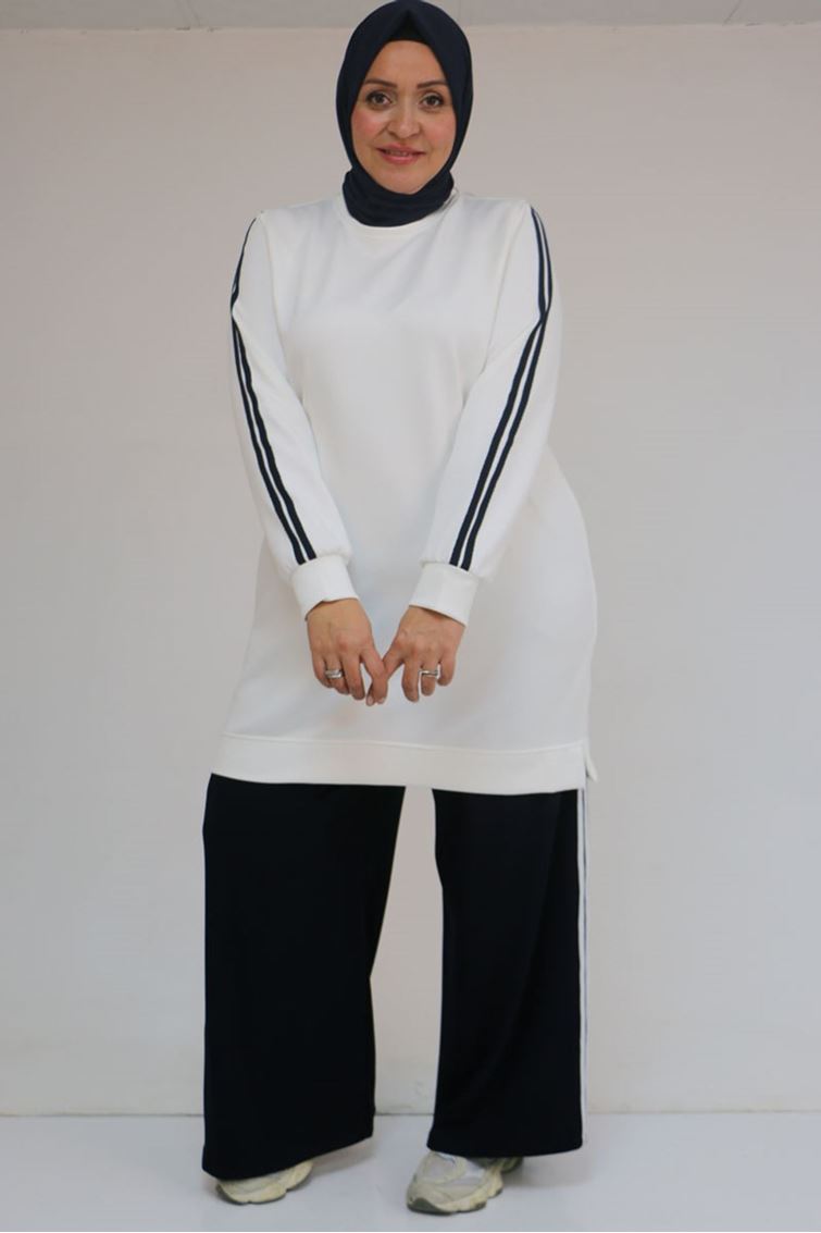 57059 Büyük Beden Alt-Üst Renk Kombinli Modal Pantolonlu Takım - Lacivert