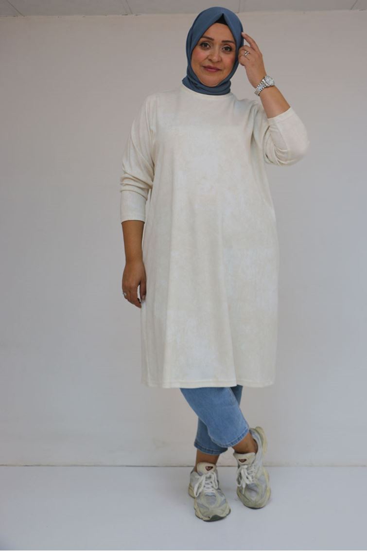 58153 Büyük Beden Basic Batik Modal Tunik - Batik Ekru