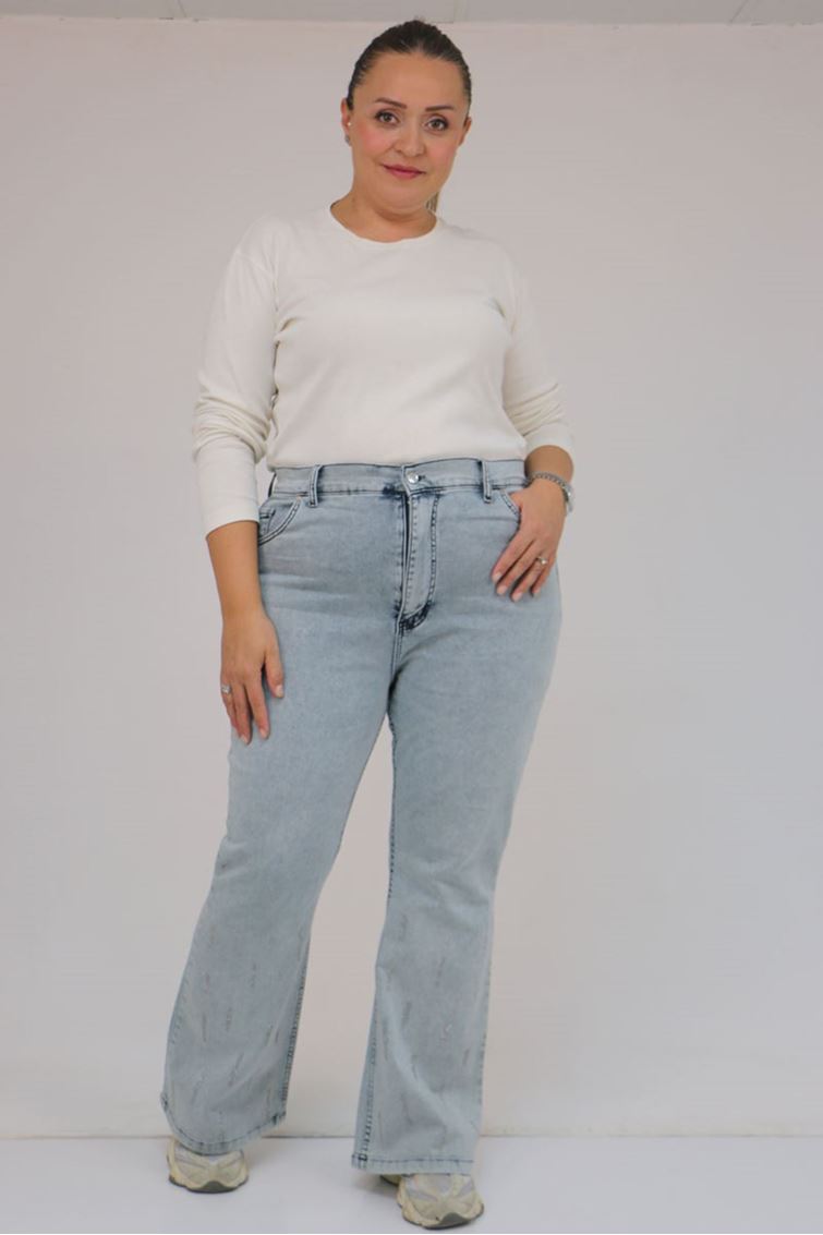 9203-1 Büyük Beden Kemerli Paçası Taş Detaylı Kot Pantolon - Kar Yıkama Buz Mavi