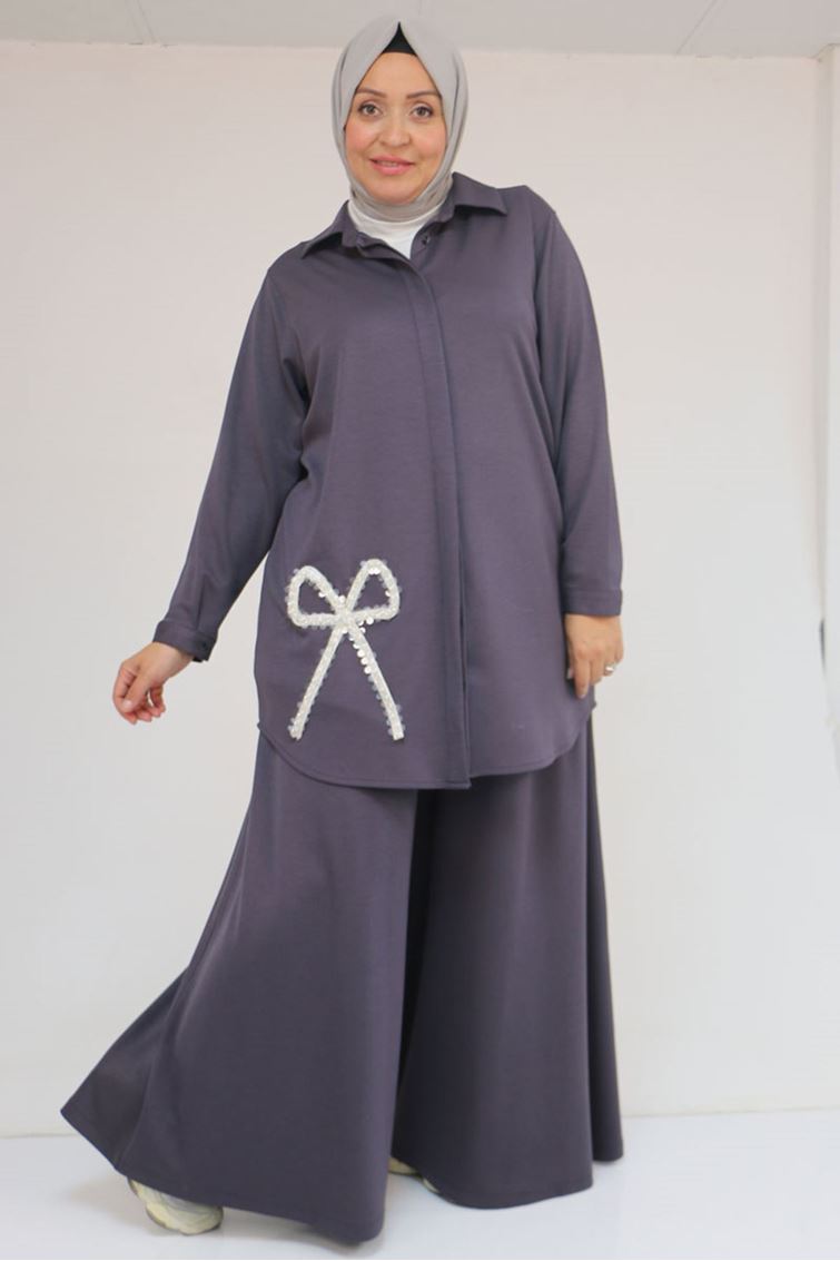 57055 Büyük Beden Gömleği Düğmeli Pantolonlu Modal Takım - Antrasit