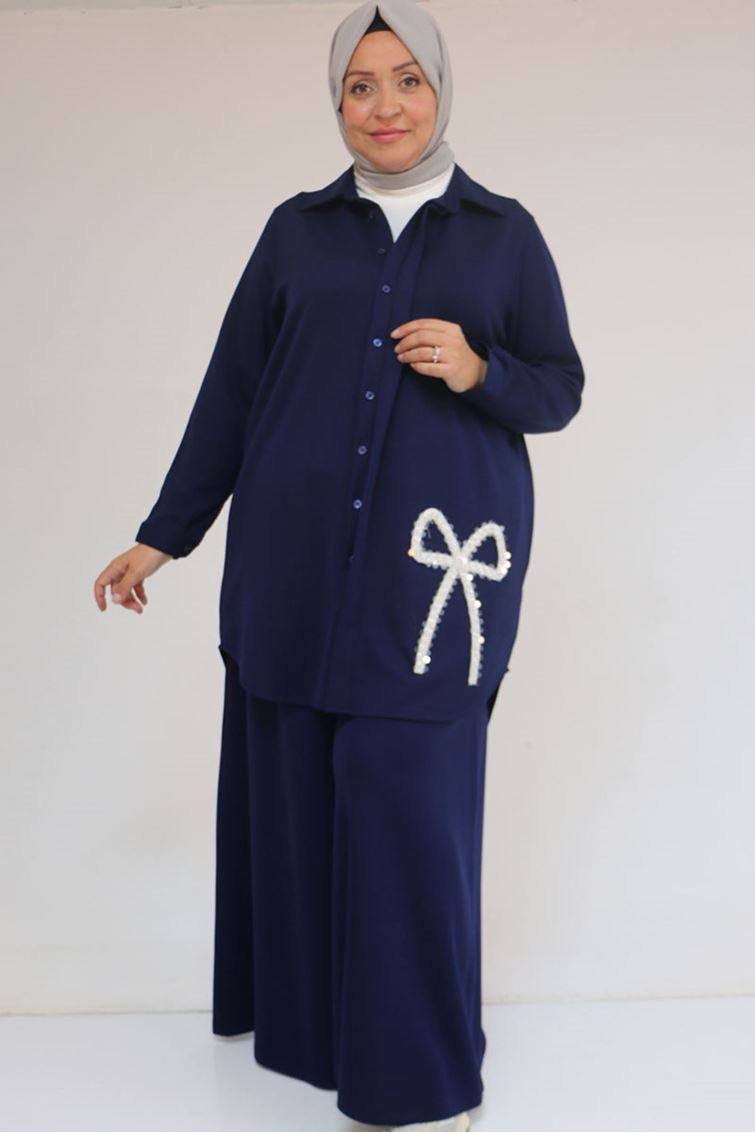 57055 Büyük Beden Gömleği Düğmeli Pantolonlu Modal Takım - İndigo