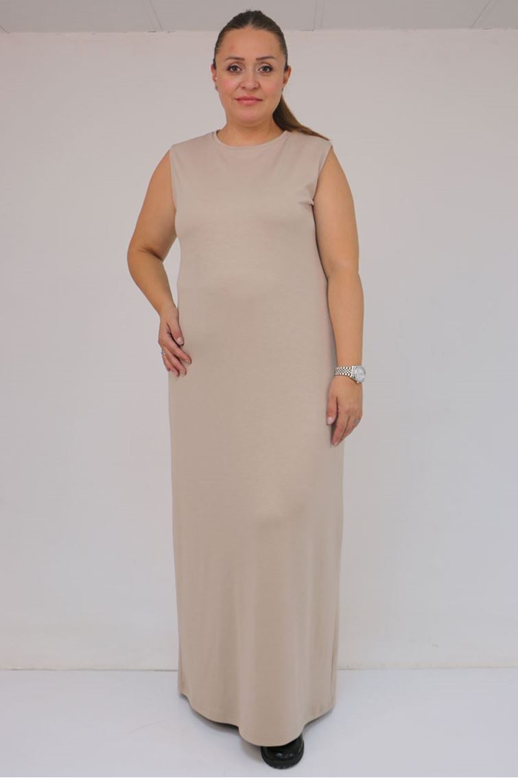 42050 Büyük Beden Modal Kolsuz Elbise - Bej