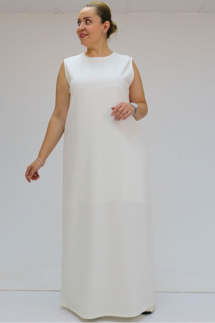 42050 Büyük Beden Modal Kolsuz Elbise - Ekru