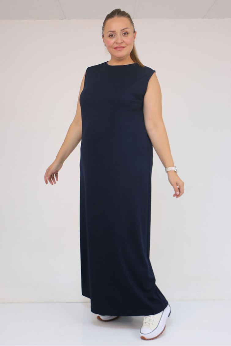42050 Büyük Beden Modal Kolsuz Elbise - Lacivert