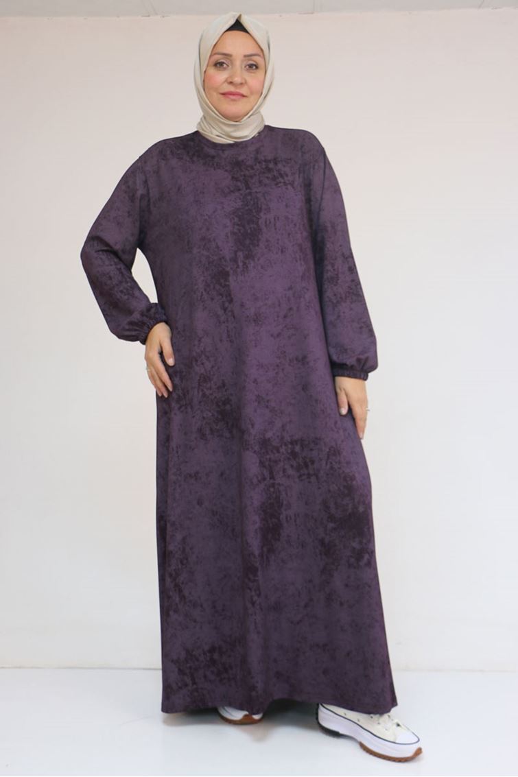 52030 Büyük Beden Kolu Lastikli Modal Elbise - Batik Mürdüm