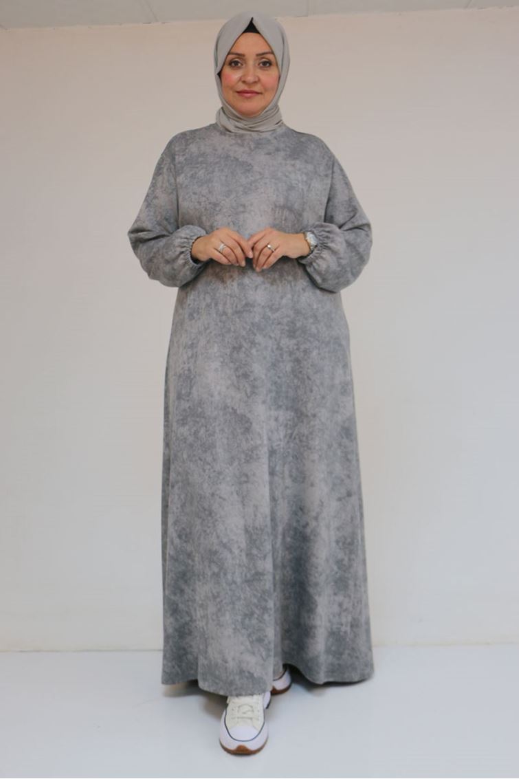 52030 Büyük Beden Kolu Lastikli Modal Elbise - Batik Gri